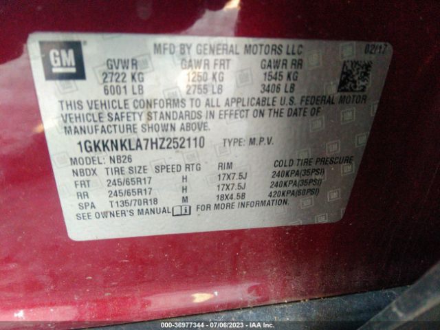 1GKKNKLA7HZ252110 GMC ACADIA SLE