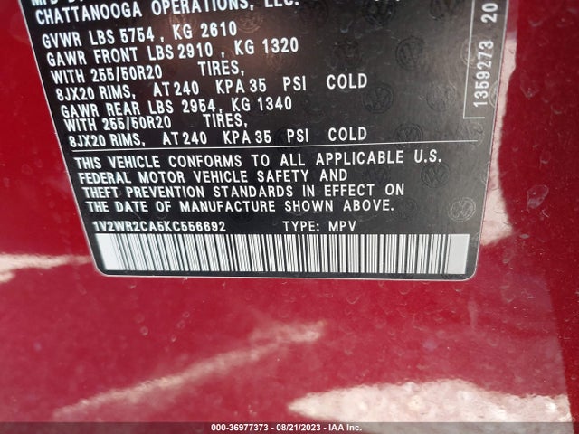1V2WR2CA5KC556692 Volkswagen Atlas 3.6l V6 Se W/technology