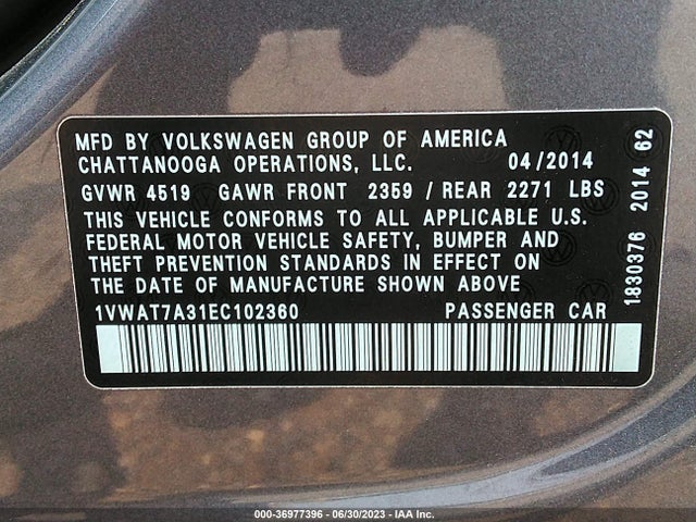 1VWAT7A31EC102360 Volkswagen Passat Wolfsburg Ed