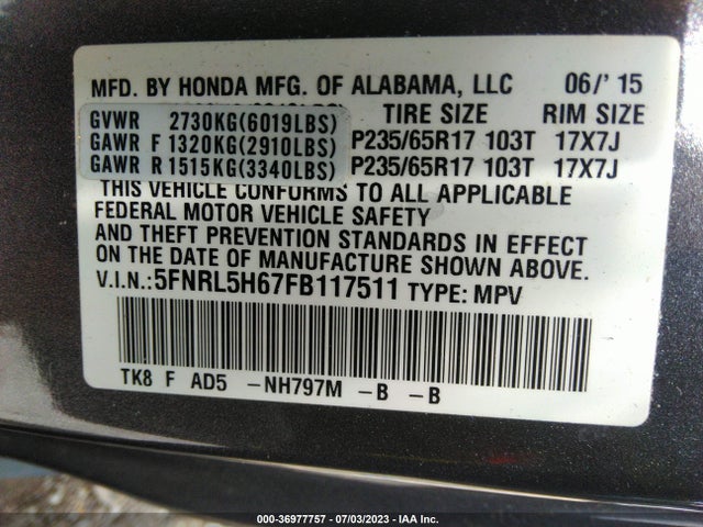 Honda Odyssey Ex-l 2015 5FNRL5H67FB117511 Image 9