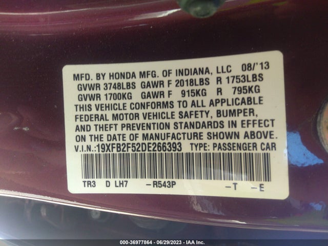 2013 HONDA CIVIC SDN LX VIN: 19XFB2F52DE266393