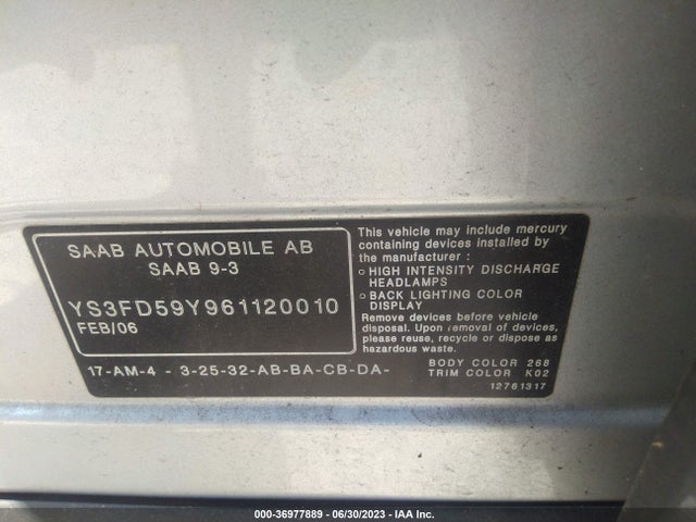 2006 SAAB 9 3 VIN: YS3FD59Y961120010