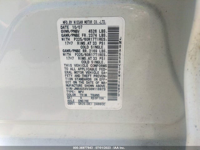 2008 NISSAN ROGUE SL VIN: JN8AS58V38W118973