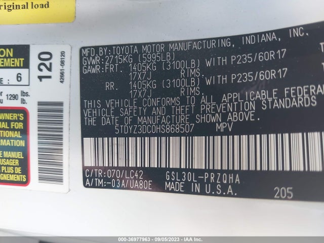 2017 TOYOTA SIENNA XLE AUTO ACCESS VIN: 5TDYZ3DC0HS868507