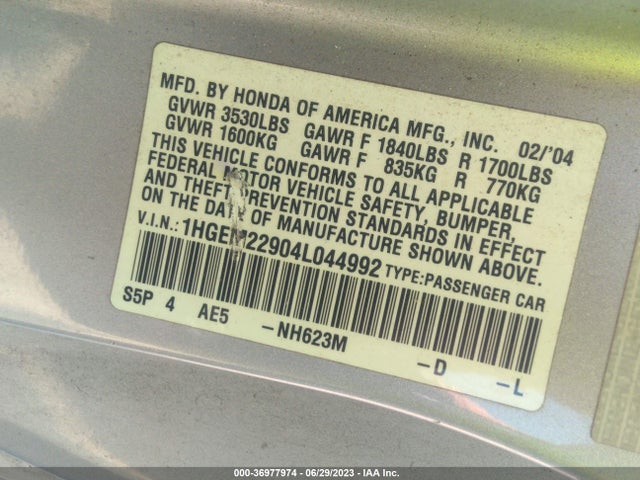 2004 HONDA CIVIC EX VIN: 1HGEM22904L044992