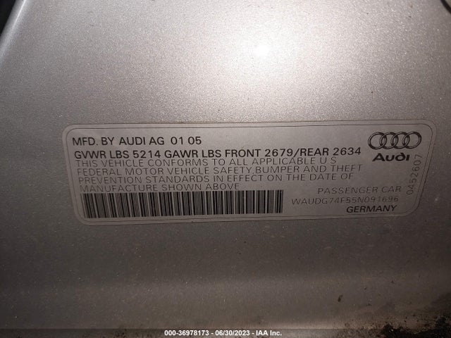 2005 AUDI A6 VIN: WAUDG74F55N091696