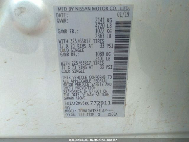 5N1AT2MV5KC772911 Nissan ROGUE SV