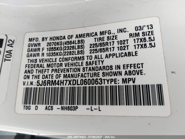 2013 HONDA CR-V EX-L VIN: 5J6RM4H7XDL060063