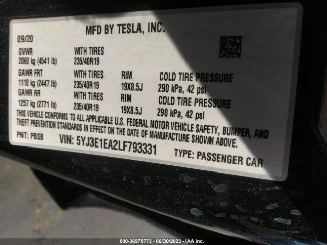 5YJ3E1EA2LF793331 Tesla Model 3 Standard Range