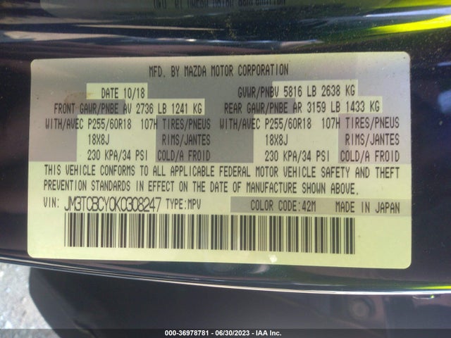 2019 MAZDA CX-9 TOURING VIN: JM3TCBCY0K0308247