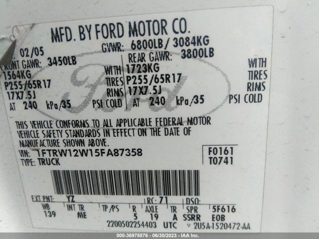 2005 FORD F-150 XLT VIN: 1FTRW12W15FA87358
