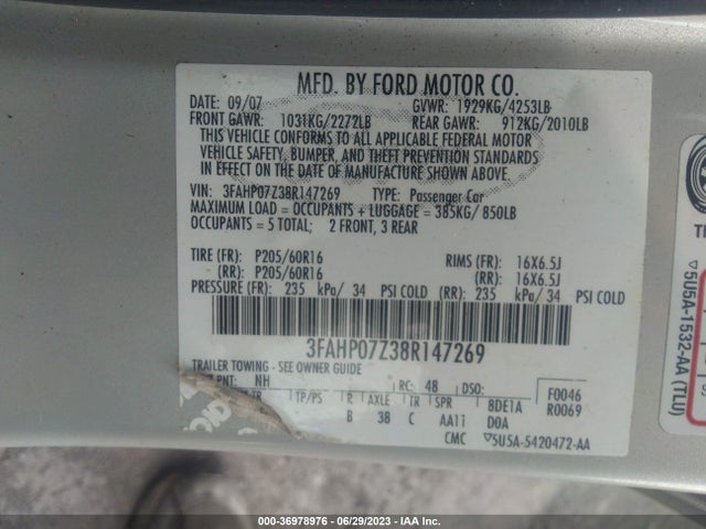 2008 FORD FUSION SE VIN: 3FAHP07Z38R147269