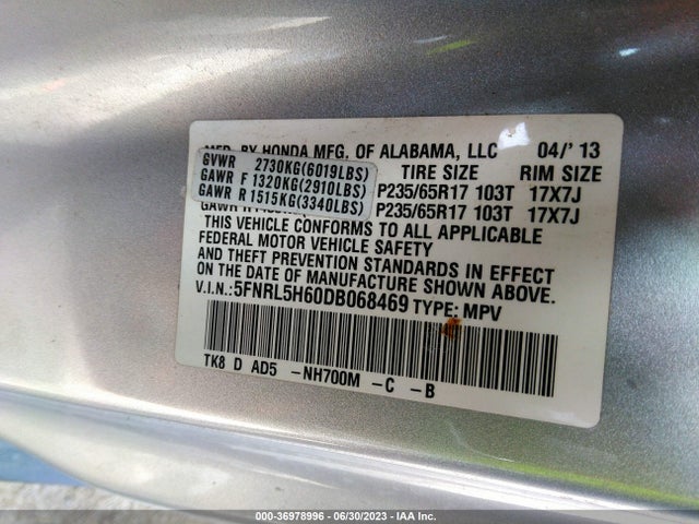 2013 HONDA ODYSSEY EX-L VIN: 5FNRL5H60DB068469