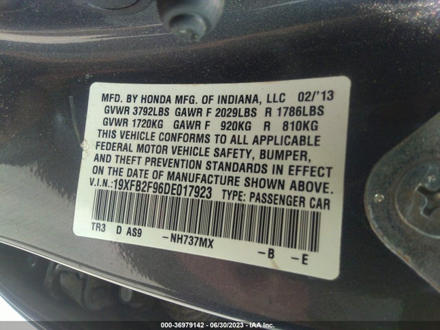 2013 HONDA CIVIC SDN EX-L VIN: 19XFB2F96DE017923
