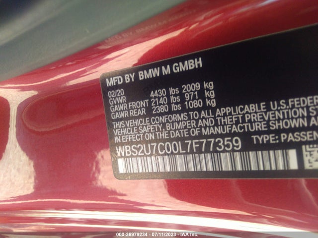 2020 BMW M2, VIN: WBS2U7C00L7F77359