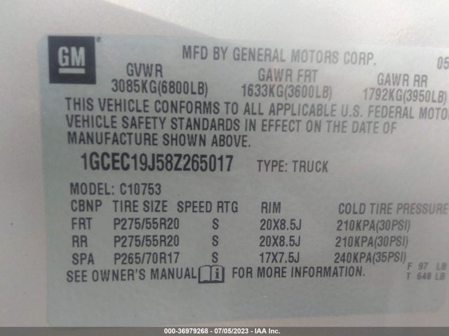2008 CHEVROLET SILVERADO 1500 LT W/1LT VIN: 1GCEC19J58Z265017