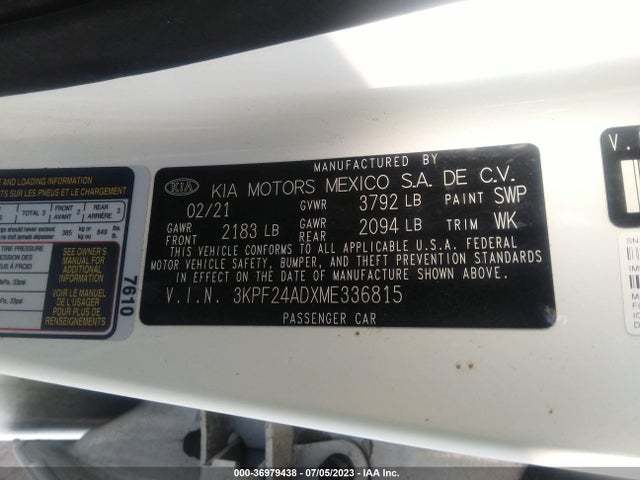 2021 KIA FORTE LXS VIN: 3KPF24ADXME336815