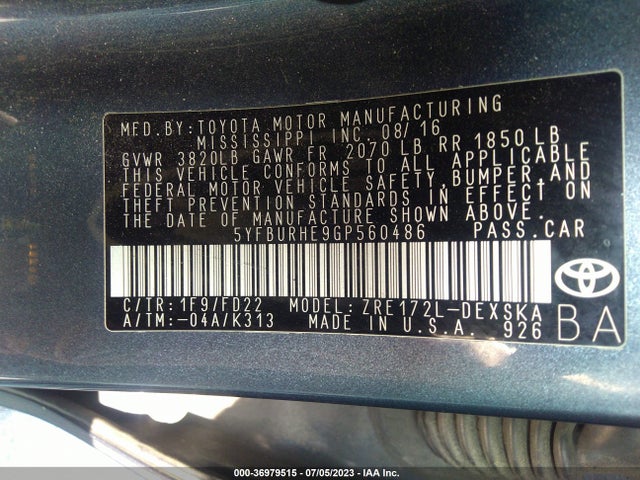 Toyota Corolla L/le/s/s Plus/le Plus 2016 5YFBURHE9GP560486 Image 9