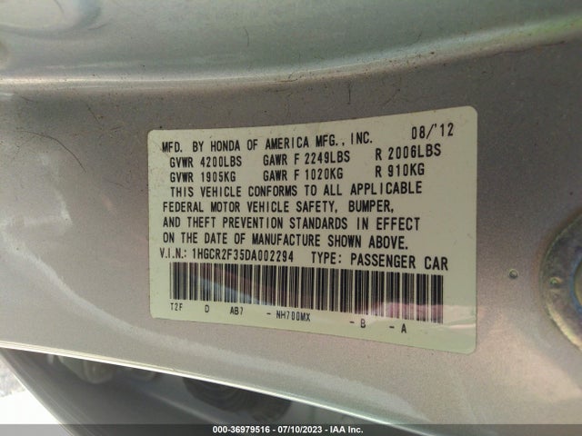 2013 HONDA ACCORD SDN LX VIN: 1HGCR2F35DA002294
