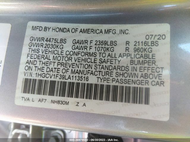 1HGCV1F39LA113516 Honda Accord Sedan Sport
