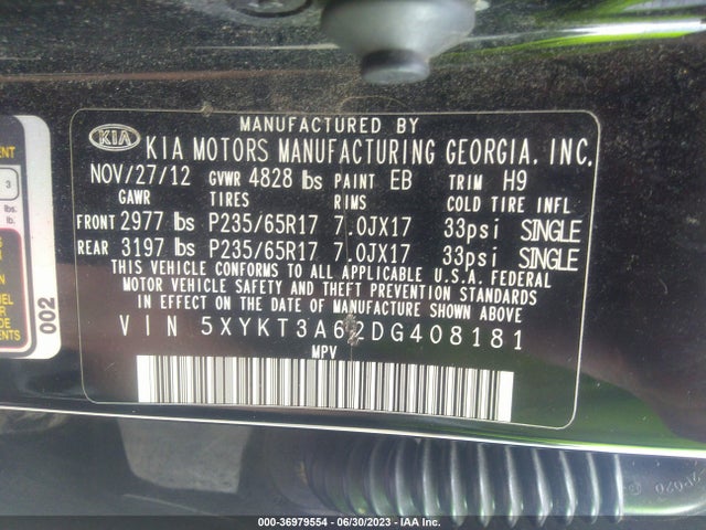 2013 KIA SORENTO LX VIN: 5XYKT3A62DG408181