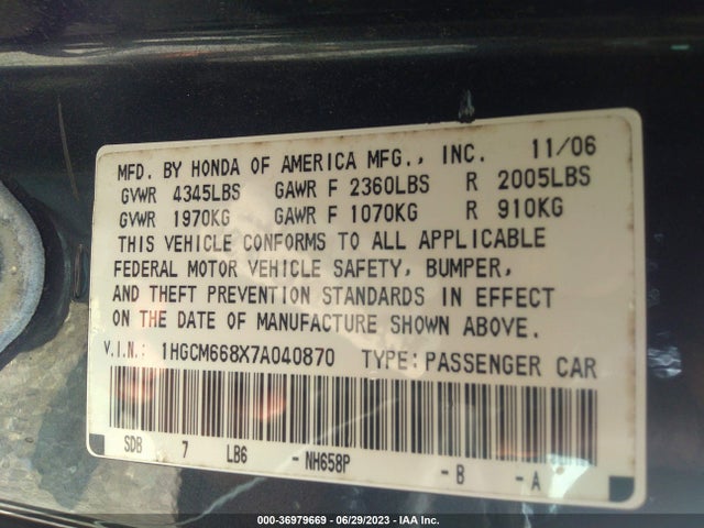 2007 HONDA ACCORD SDN EX-L VIN: 1HGCM668X7A040870