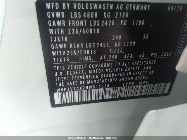 WVGTV7AX2HW511636 Volkswagen Tiguan Sport