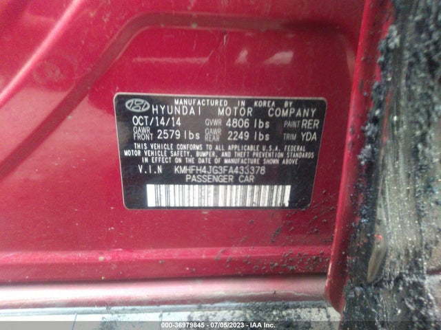 2015 HYUNDAI AZERA VIN: KMHFH4JG3FA433378
