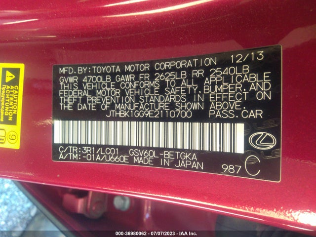 JTHBK1GG9E2110700 Lexus ES 350