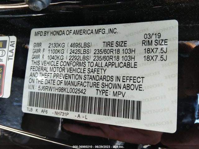 Honda Cr-v Touring 2019 5J6RW1H98KL002542 Image 9