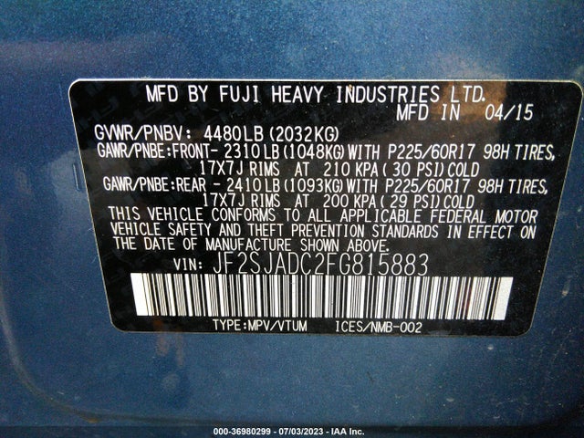 2015 SUBARU FORESTER 2.5I PREMIUM VIN: JF2SJADC2FG815883