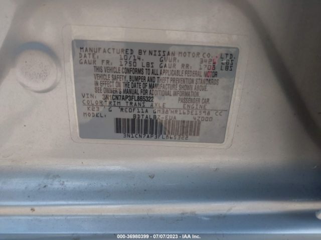 3N1CN7AP3FL865322 Nissan VERSA SV