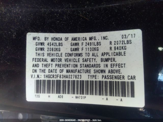 1HGCR3F83HA027623 Honda Accord Sedan Ex-l V6