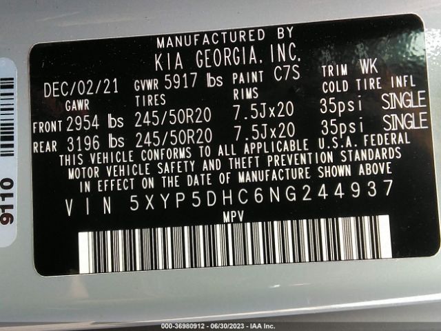 5XYP5DHC6NG244937 KIA Telluride Sx
