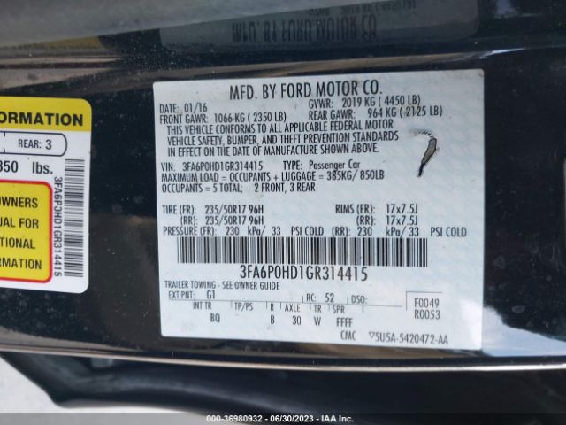 3FA6P0HD1GR314415 Ford FUSION SE