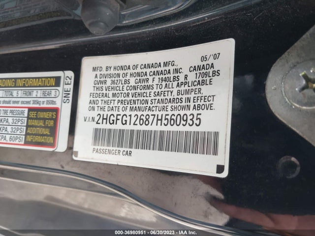 2007 HONDA CIVIC LX VIN: 2HGFG12687H560935