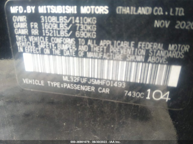 ML32FUFJ5MHF01493 Mitsubishi Mirage G4 Es/le/carbonite Edition