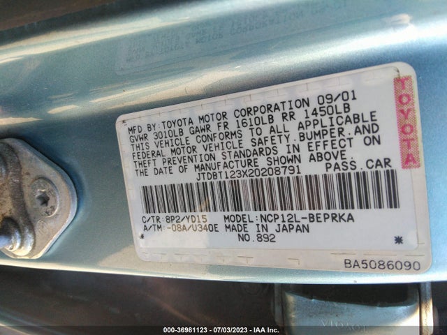 2002 TOYOTA ECHO VIN: JTDBT123X20208791