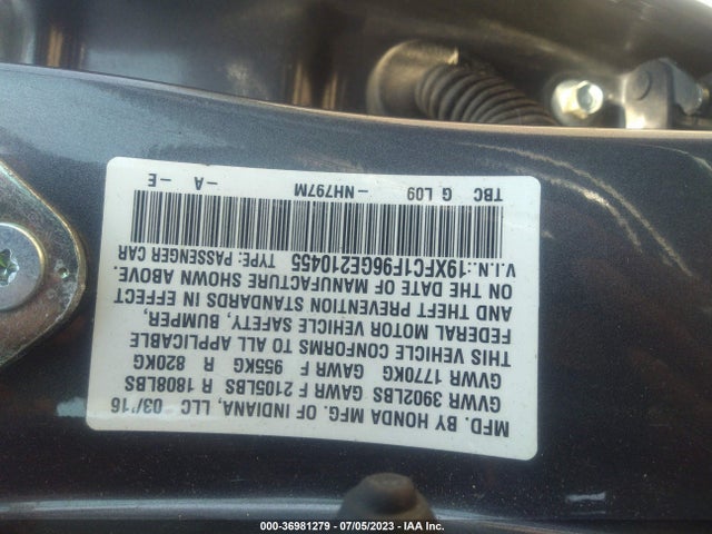 2016 HONDA CIVIC SEDAN TOURING VIN: 19XFC1F96GE210455