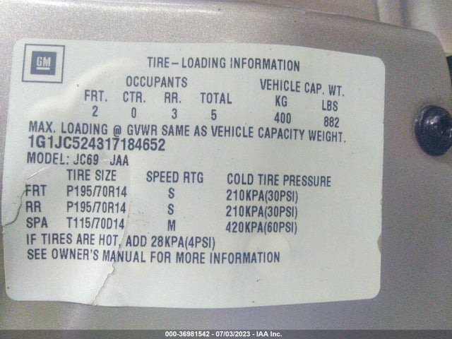 2001 CHEVROLET CAVALIER VIN: 1G1JC524317184652