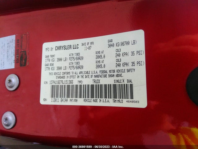 2008 DODGE RAM 1500 SLT VIN: 1D7HU18278J151366
