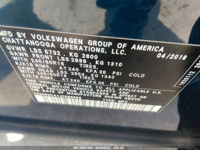 1V2CR2CA1JC566993 Volkswagen Atlas 3.6l V6 Se