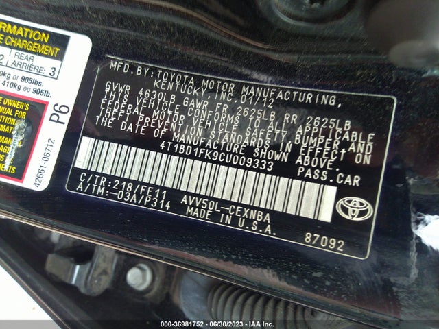 2012 TOYOTA CAMRY HYBRID XLE/LE VIN: 4T1BD1FK9CU009333