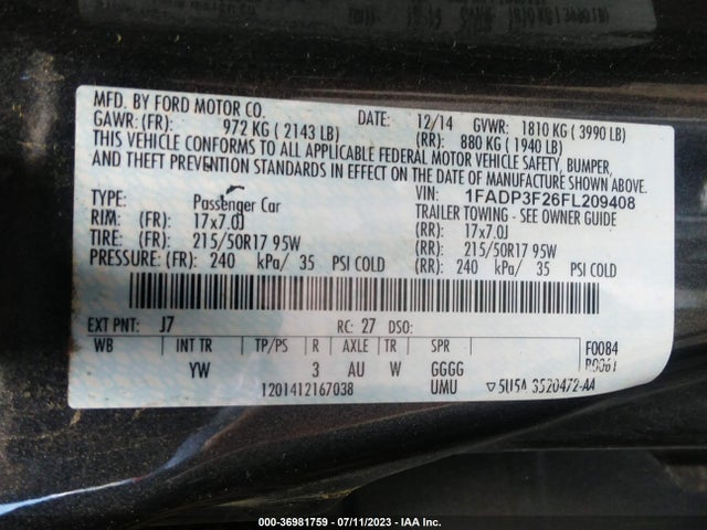 2015 FORD FOCUS SE VIN: 1FADP3F26FL209408