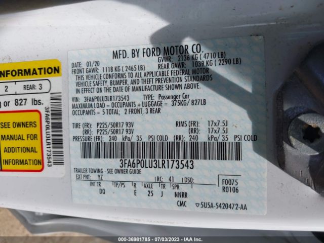 3FA6P0LU3LR173543 Ford Fusion Hybrid Se