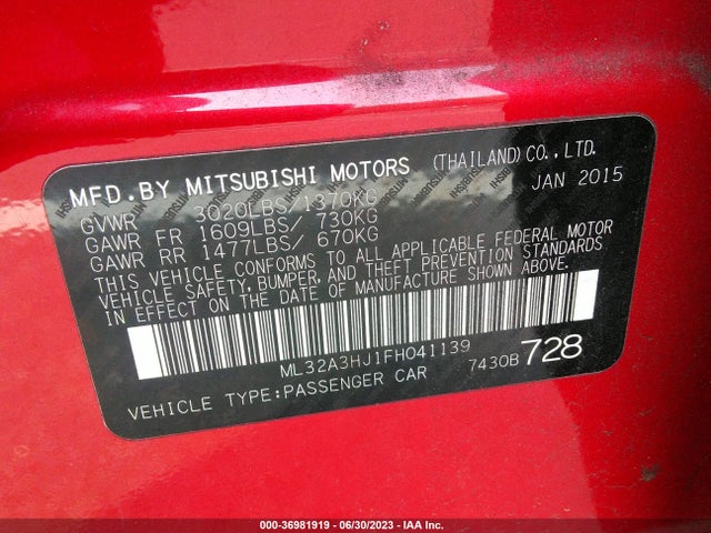 2015 MITSUBISHI MIRAGE DE/RF VIN: ML32A3HJ1FH041139