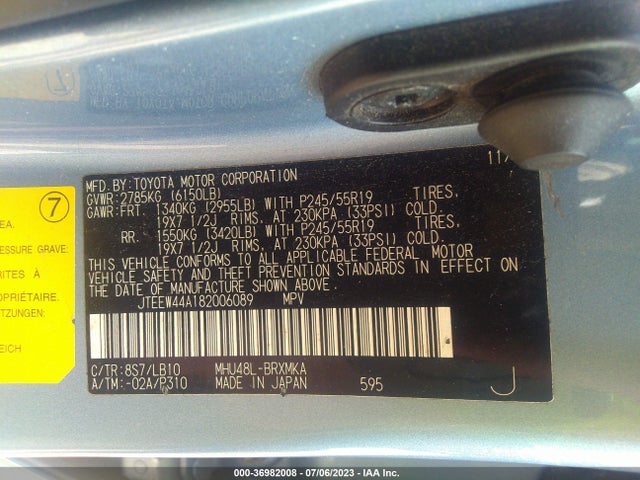 2008 TOYOTA HIGHLANDER HYBRID LIMITED VIN: JTEEW44A182006089