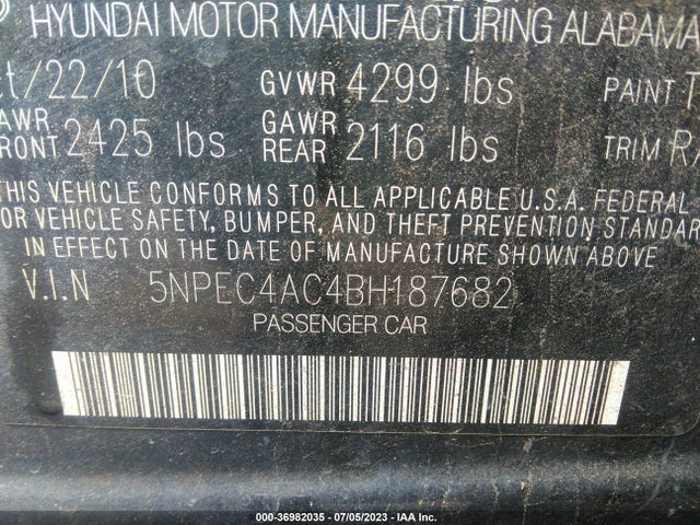 2011 HYUNDAI SONATA SE VIN: 5NPEC4AC4BH187682