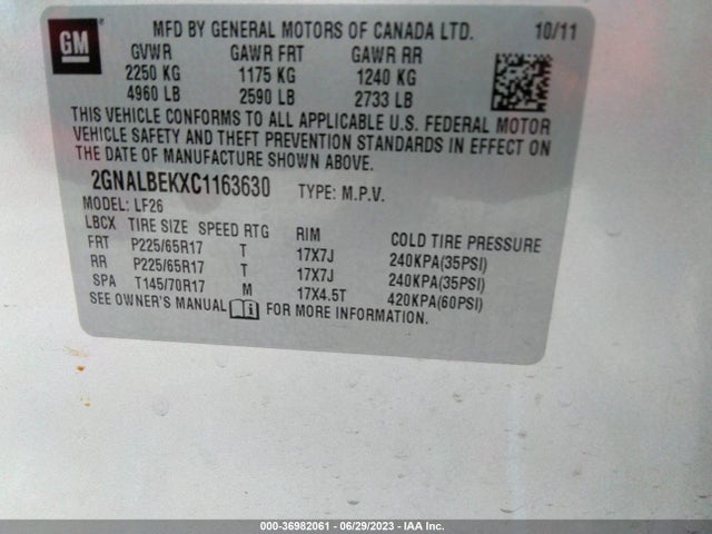 2012 CHEVROLET EQUINOX LS VIN: 2GNALBEKXC1163630