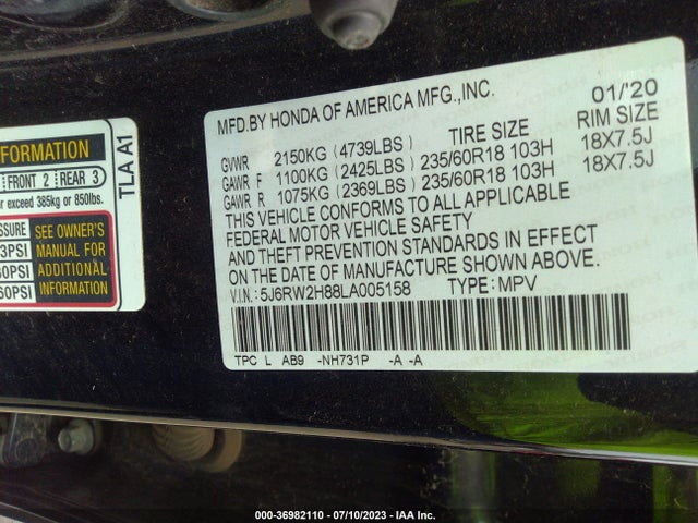 Honda Cr-v Ex-l 2020 5J6RW2H88LA005158 Image 9